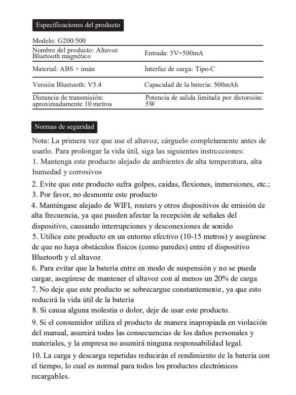 Especificaciones del producto